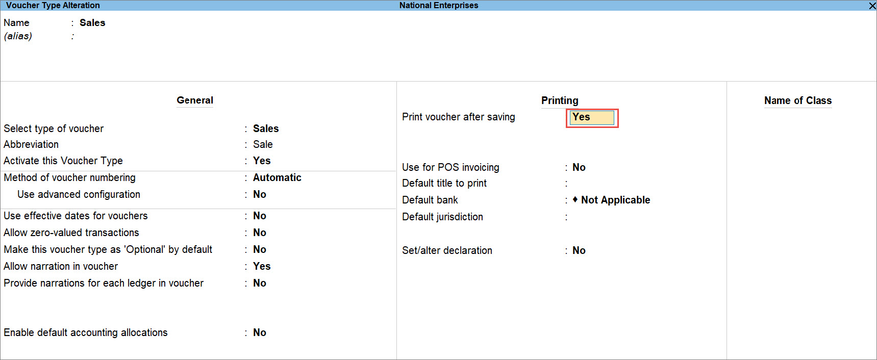 Afdrukvoucher in-of uitschakelen na het opslaan voor een Vouchertype in TallyPrime