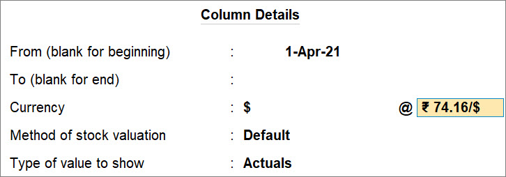 Columns Details Screen in Reports of TallyPrime (Alter Column)