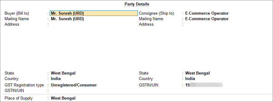 Party Details screen B2C invoice