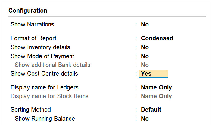 Cost Centre Details Set as No Under Configurations of Ledger Voucher Reports in TallyPrime