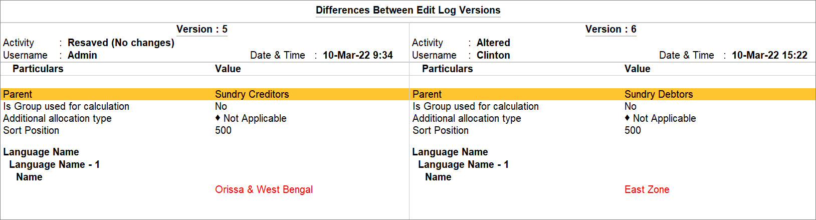Differences Between Edit Log Versions for Groups in TallyPrime