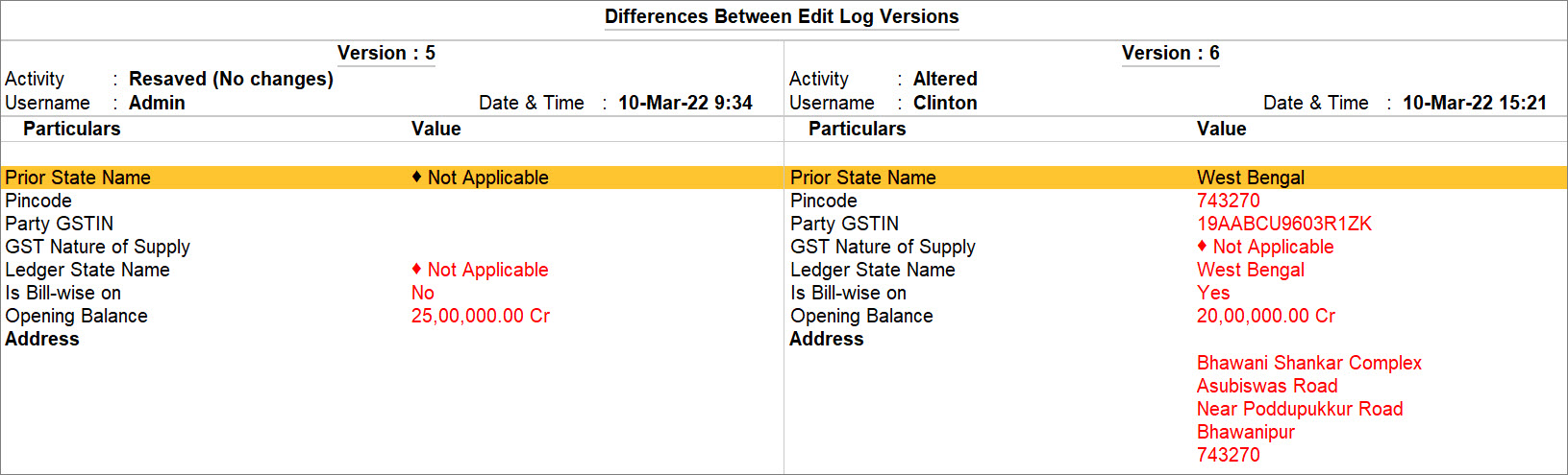 Differences Between Edit Log Versions Report After Configuring in TallyPrime with Edit Log