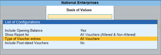 Basis of value in ledger voucher report