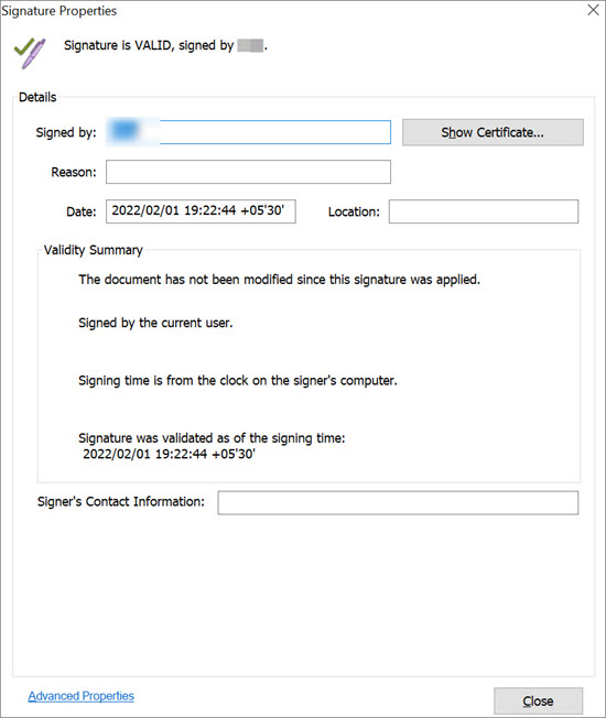 Signature properties window