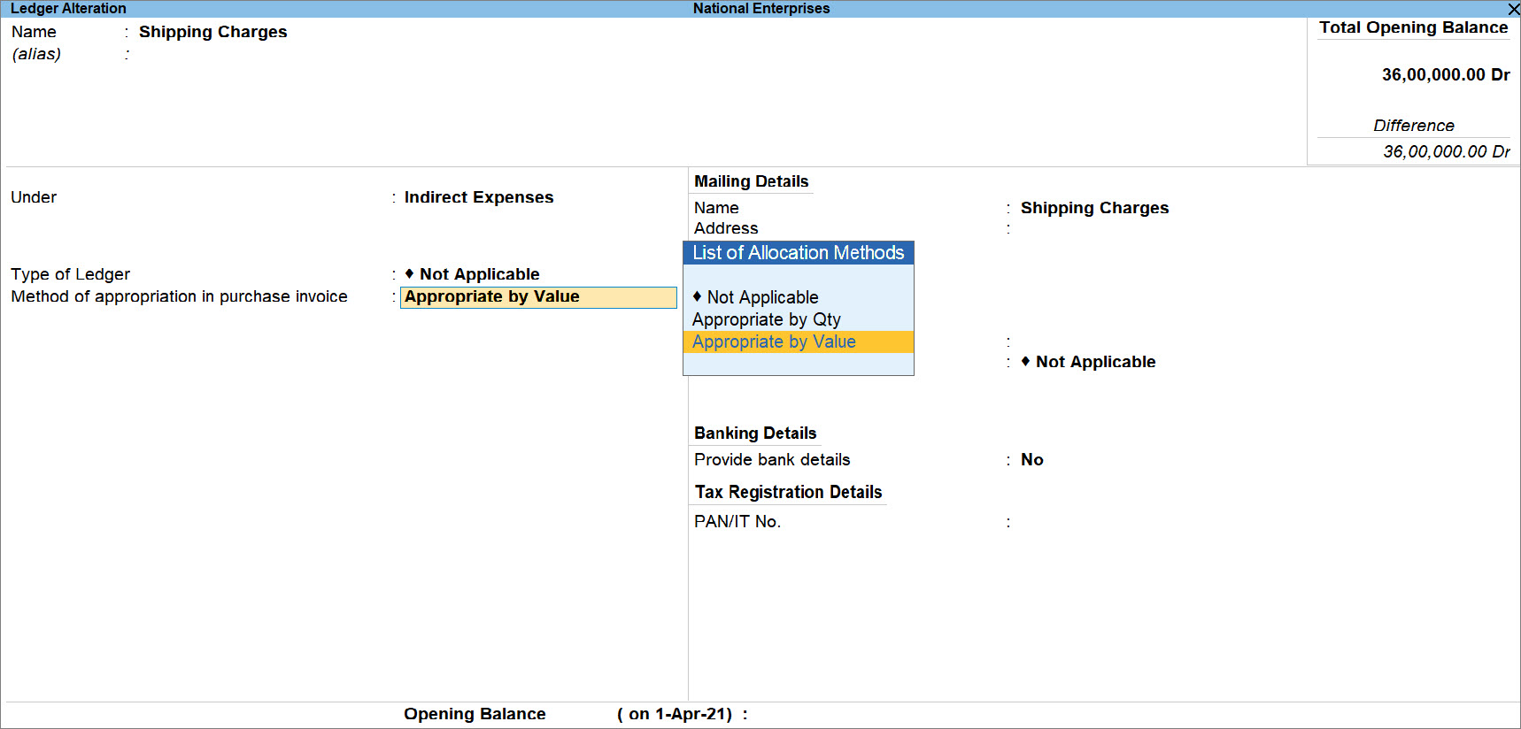 Configure Purchase Ledger with Method of Appropriation in TallyPrime