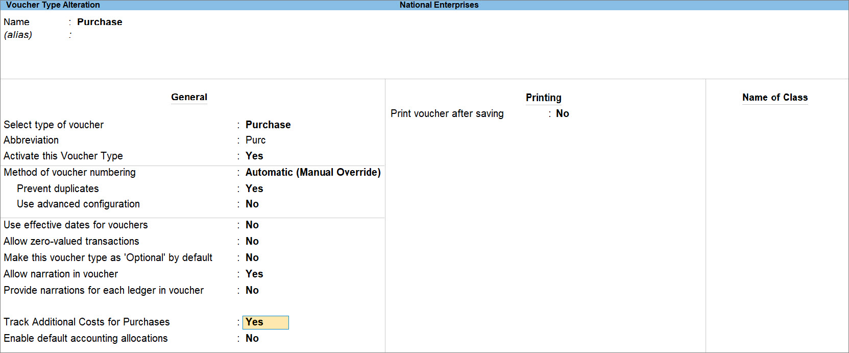 Configure Purchase Voucher Type To Track Additional Costs on Items in TallyPrime