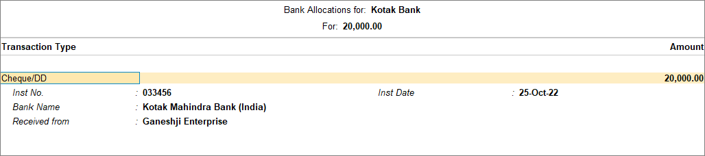 Bank allocation for advance received