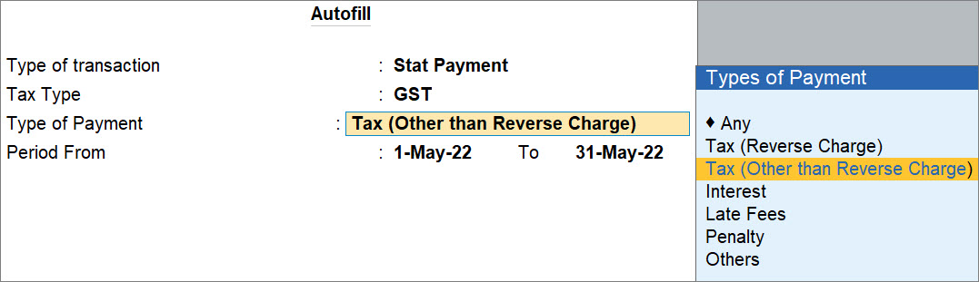 Autofill Statutory Payment for GST in TallyPrime