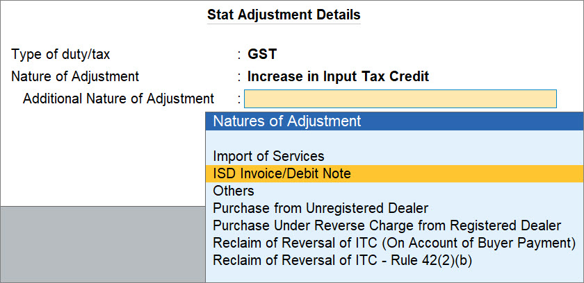 Stat Adjustment Details for ISD Credit in TallyPrime