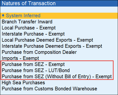 SEZ Purchase Transaction TallyPrime