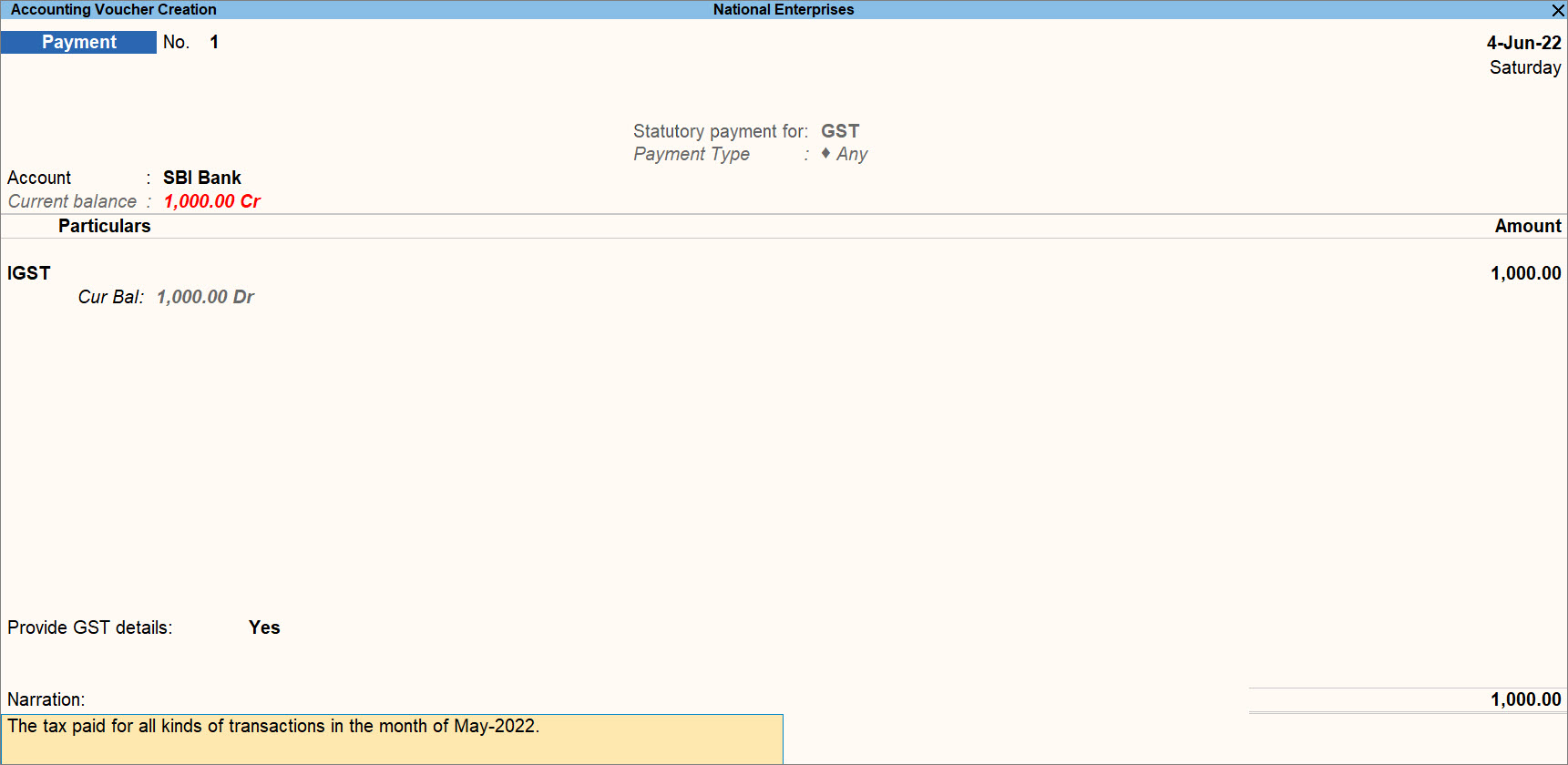 GST Payment Recorded in TallyPrime