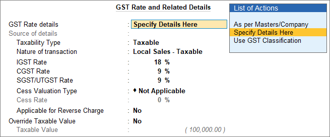 GST Rate and Related Details Screen