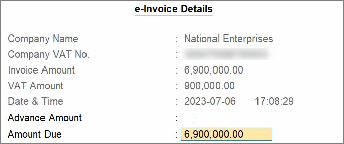 e-Invoice Details in Sales Invoice in TallyPrime