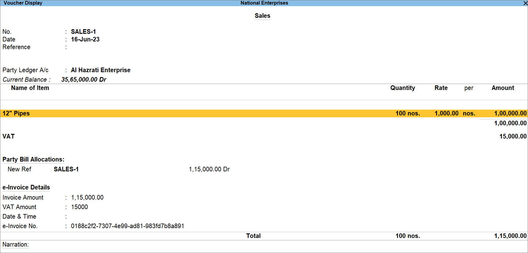 e-Invoice Details in Voucher Display Mode in TallyPrime