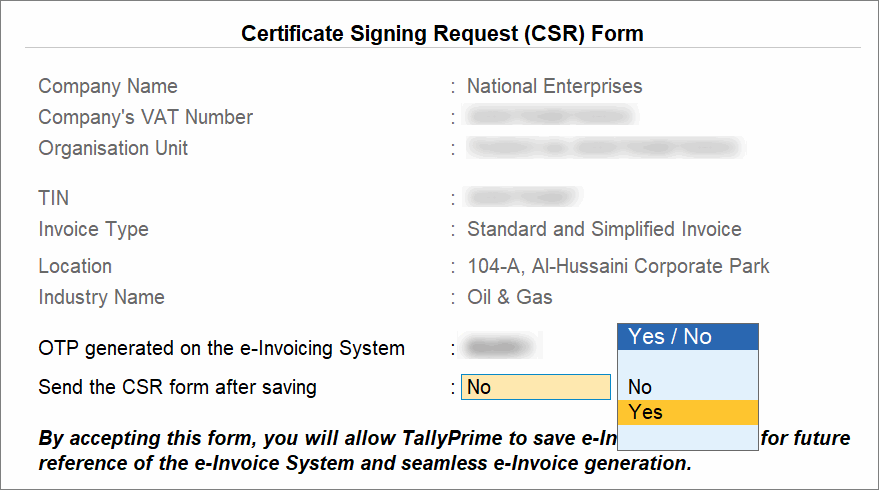 Certificate Signing Request (CSR) for e-Invoicing Under e-Invoice Integration Phase in TallyPrime