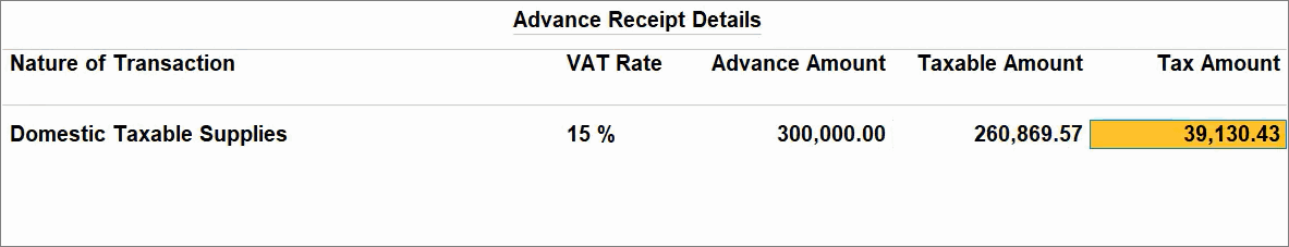 Advance Receipt Details in TallyPrime