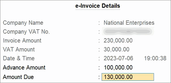 e-Invoice Details in Sales Invoice When You Adjust Advance Receipt Amount in it