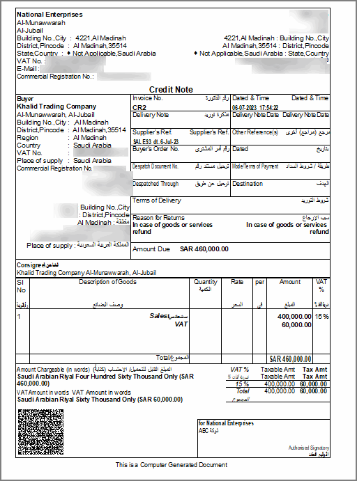Print Preview of Credit Note with e-Invoice Details in TallyPrime