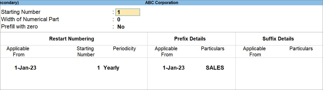 Prefix or Suffix Details for Voucher Numbering in TallyPrime