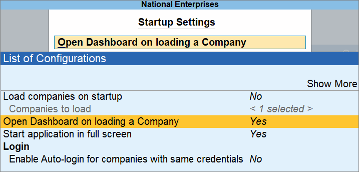 Open Dashboard on Loading a Company in TallyPrime