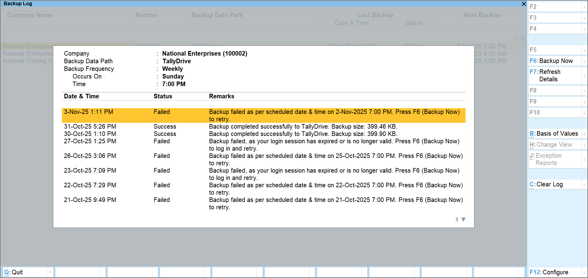 Backup Log Report in TallyPrime