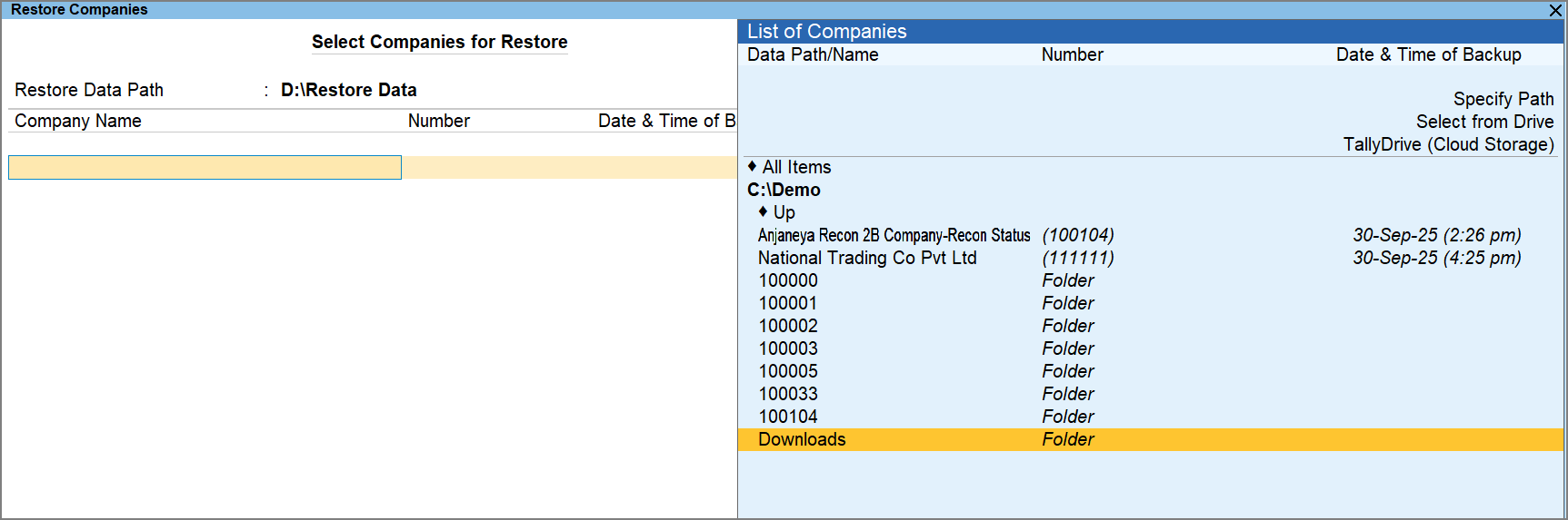 Restore Backup Data Downloaded from TallyDrive in TallyPrime