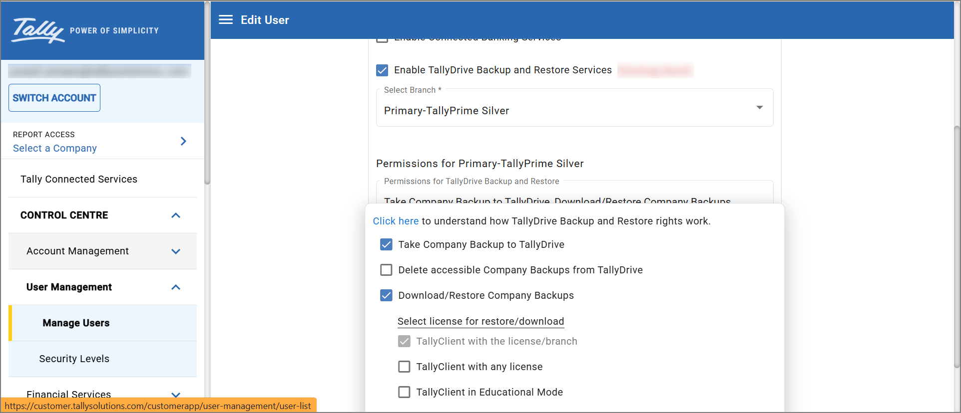 Manage User Rights for TallyDrive