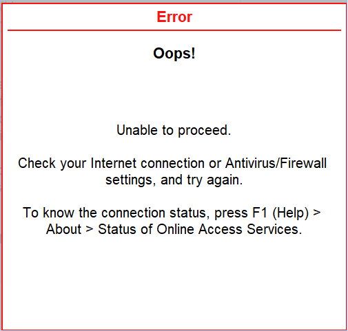 Unable to proceed. Check your Internet connection or Antivirus/Firewall ...