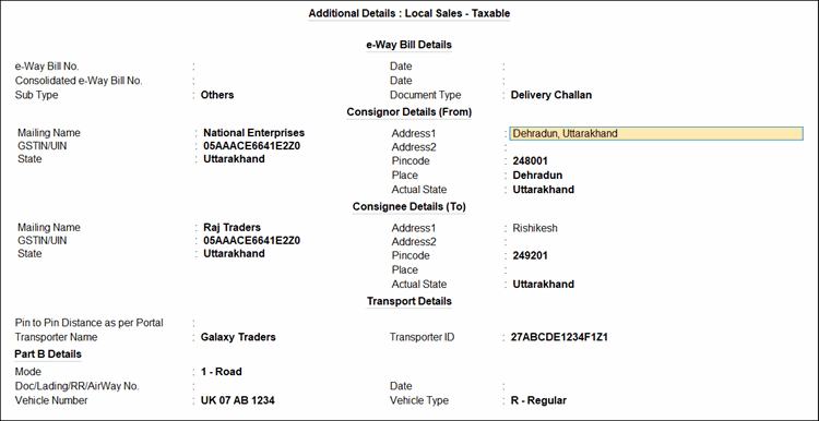 e-Way Bill details for local sales - taxable