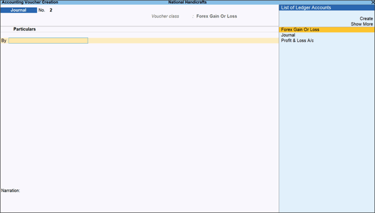 Create journal voucher for forex gain or loss ledger in TallyPrime