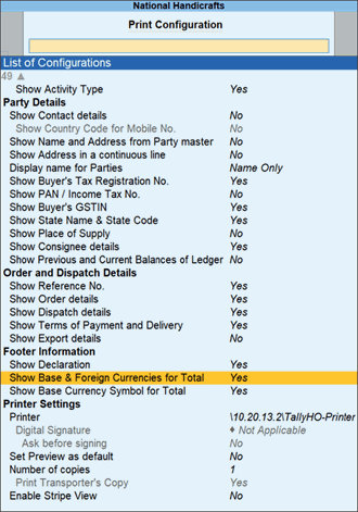 Sales invoice print configuration for foreign currency in TallyPrime