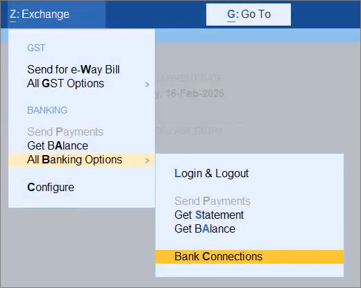 Navigation for Bank Connections Report in TallyPrime