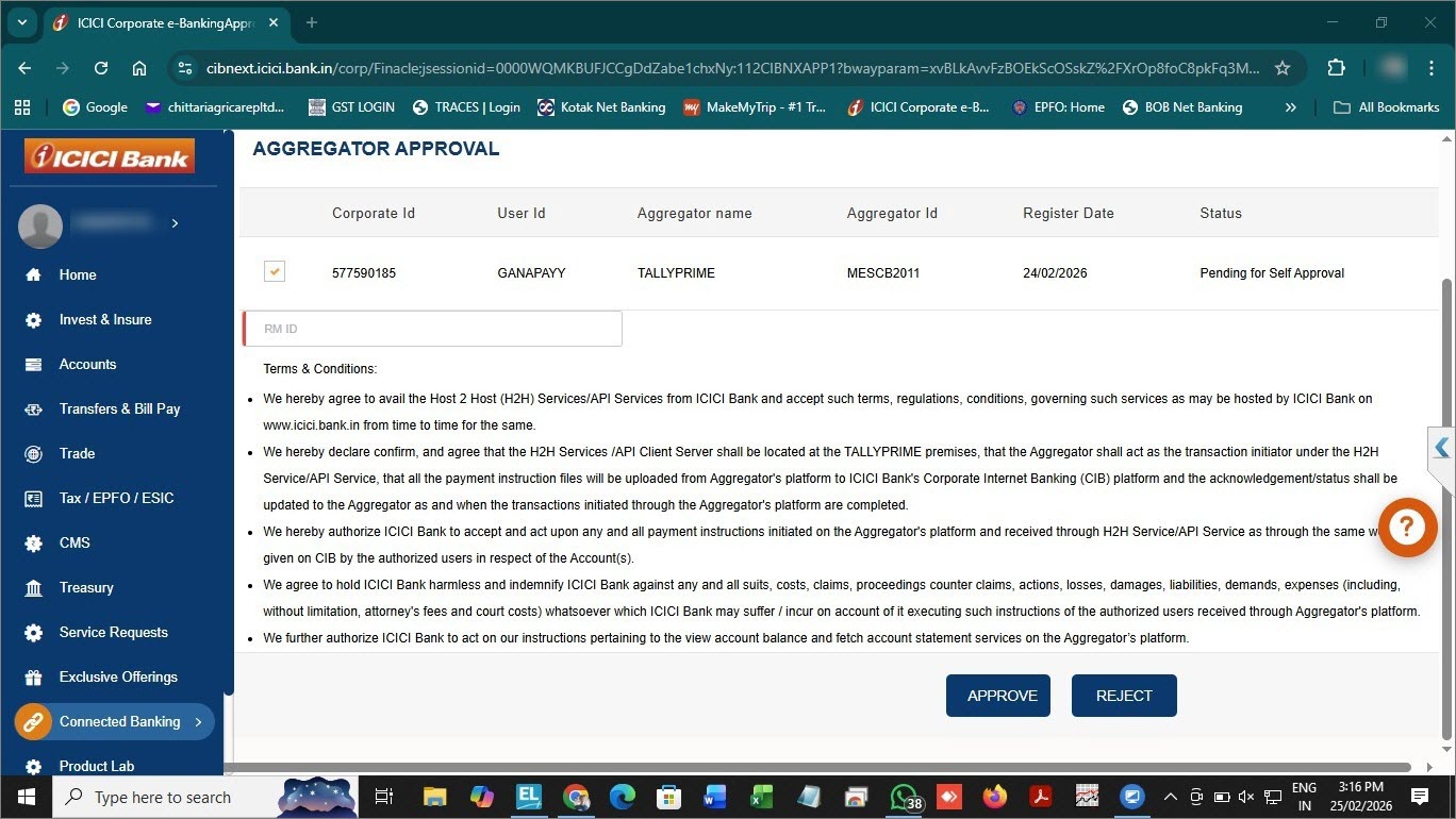 Approval Bank Connection with TallyPrime on ICICI CIB Portal