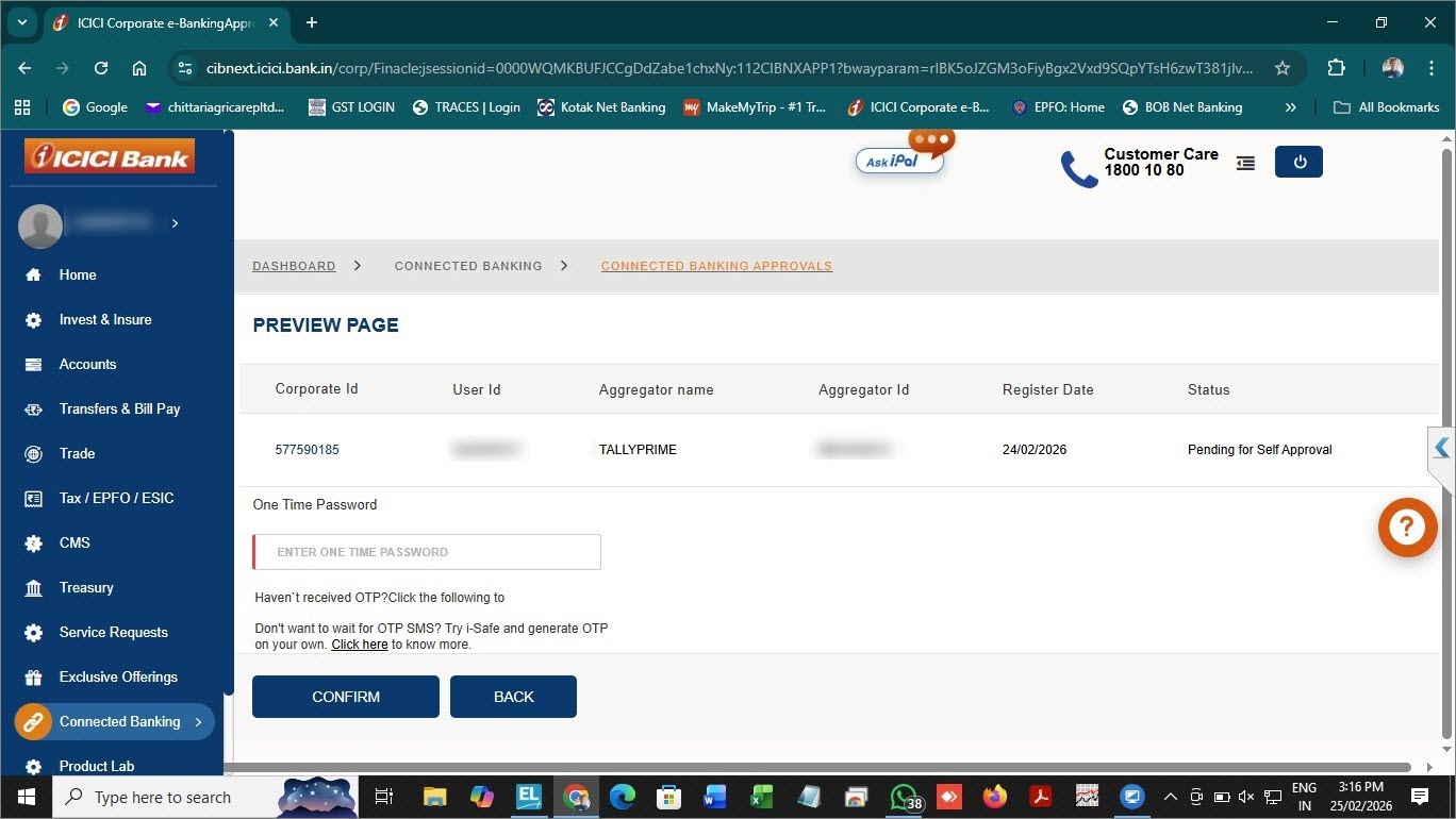 Confirm Approval of Bank Connection Request with TallyPrime on ICICI CIB Portal