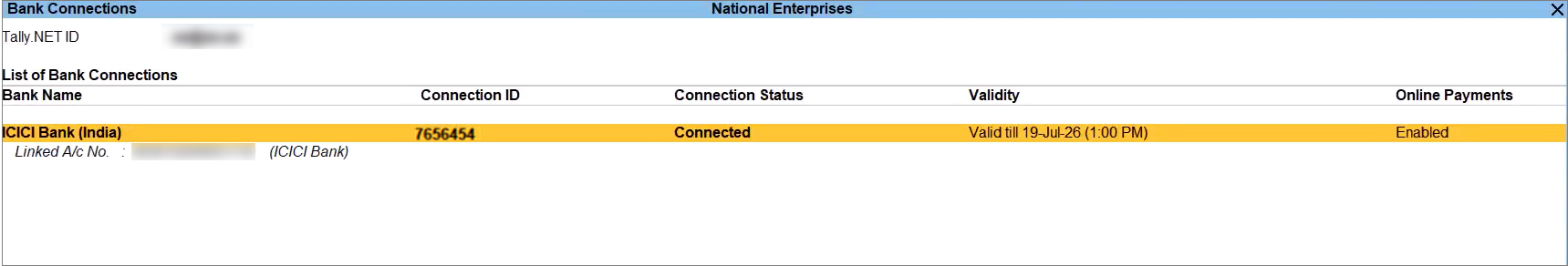 Bank Connection Status Connected Along with the Account Number in the Bank Connection Report of TallyPrime