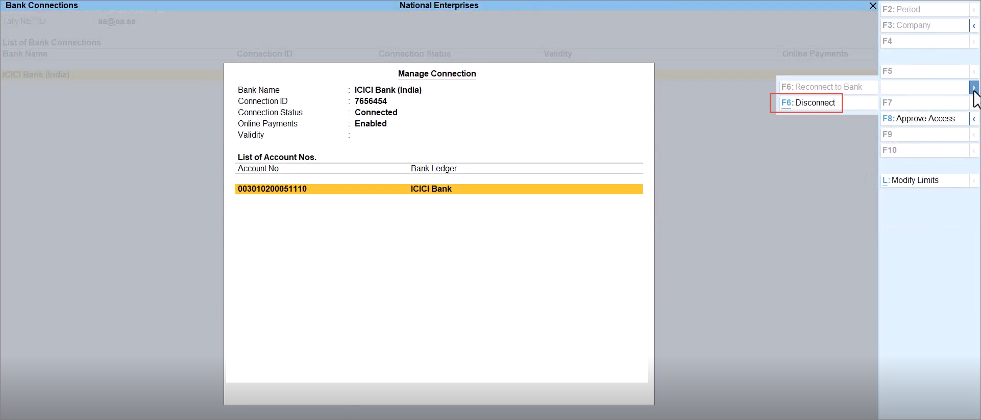 Disconnecting ICICI Bank Account from TallyPrime Using the Manage Connection Report