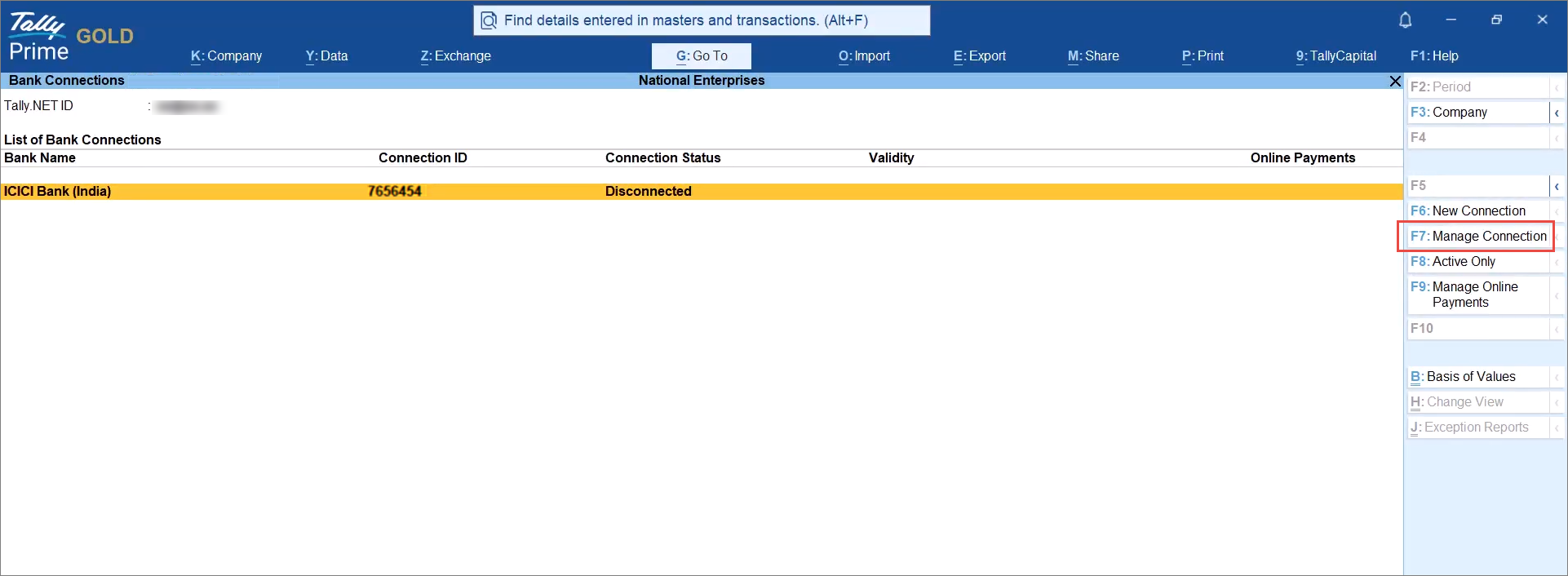 Opening the Manage Connection Report from the Bank Connections Report in TallyPrime