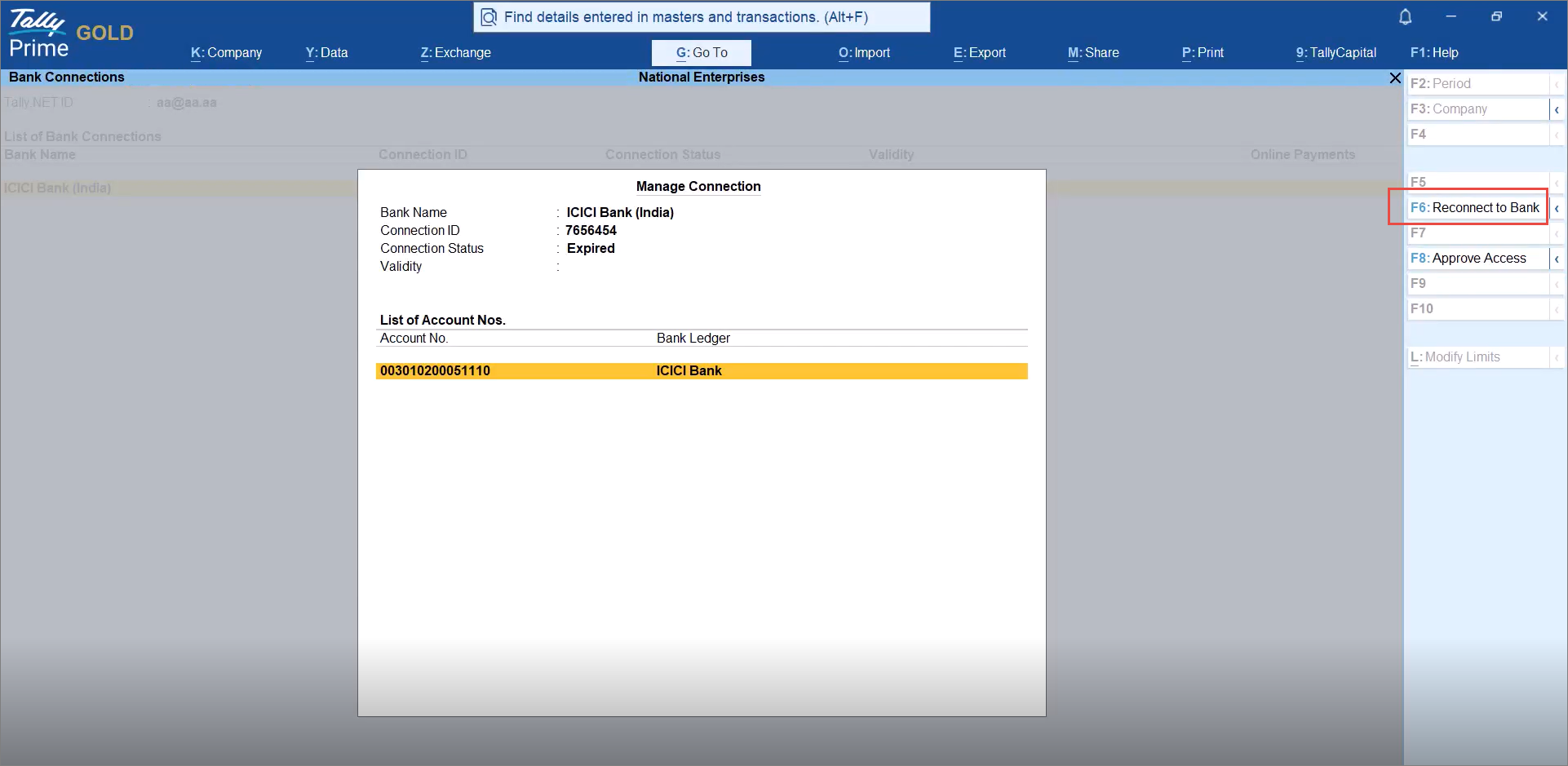 Reconnecting to Bank from the Manage Connection Report in TallyPrime