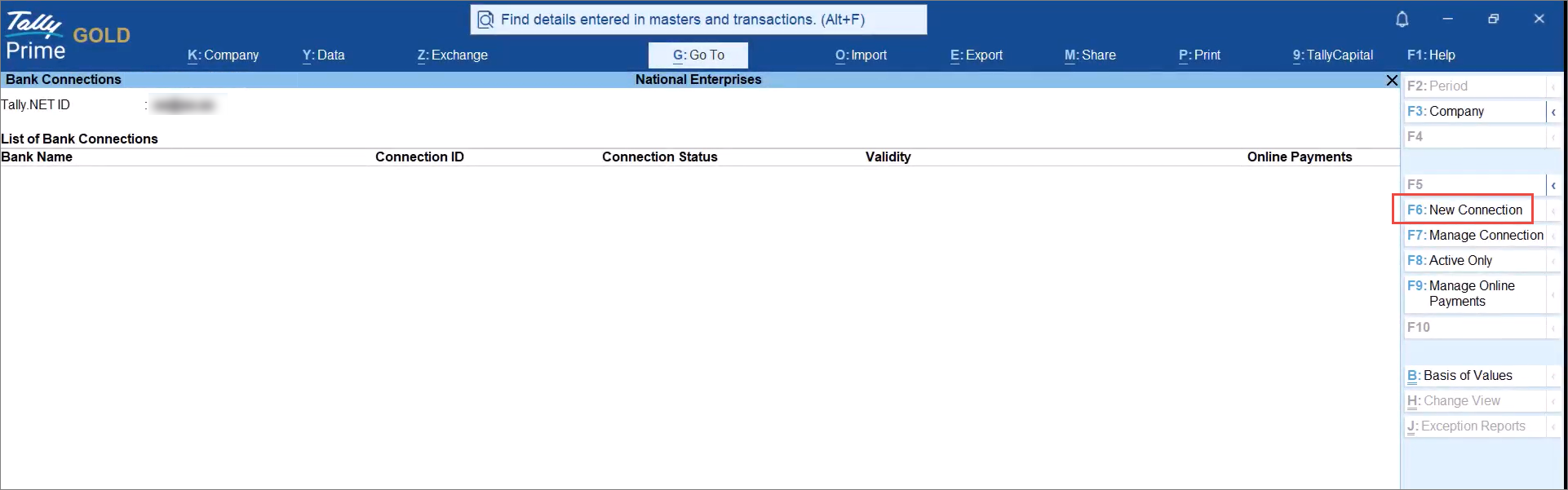 Initiating a New Connection for ICICI Bank Account from the Bank Connections Report in TallyPrime