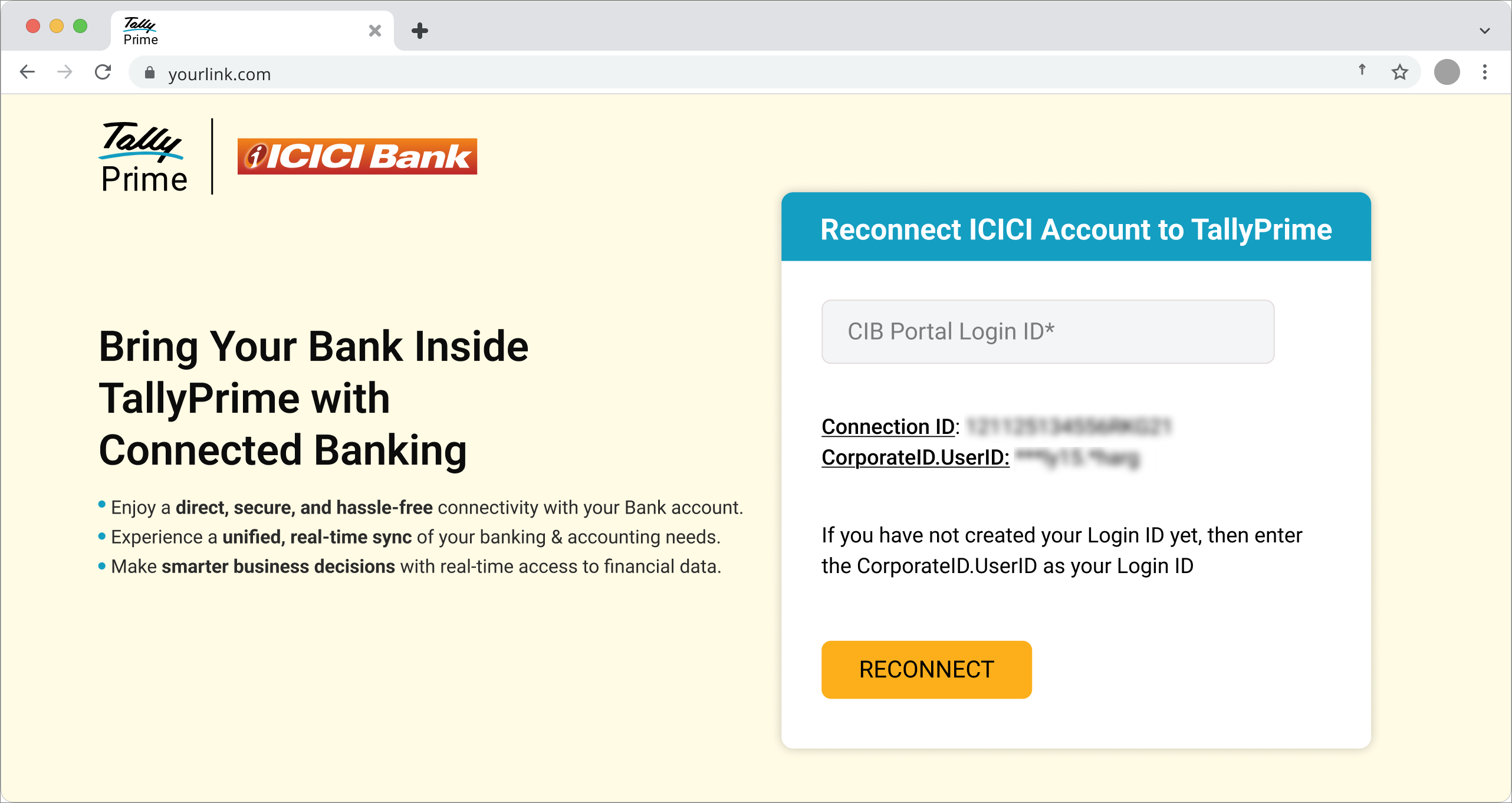 Tally’s ICICI Bank Connection Webpage Login for Reconnection
