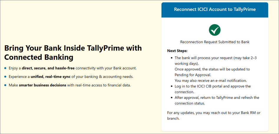 Reconnection Request for TallyPrime and ICICI Bank Connection Gets Submitted to the Bank