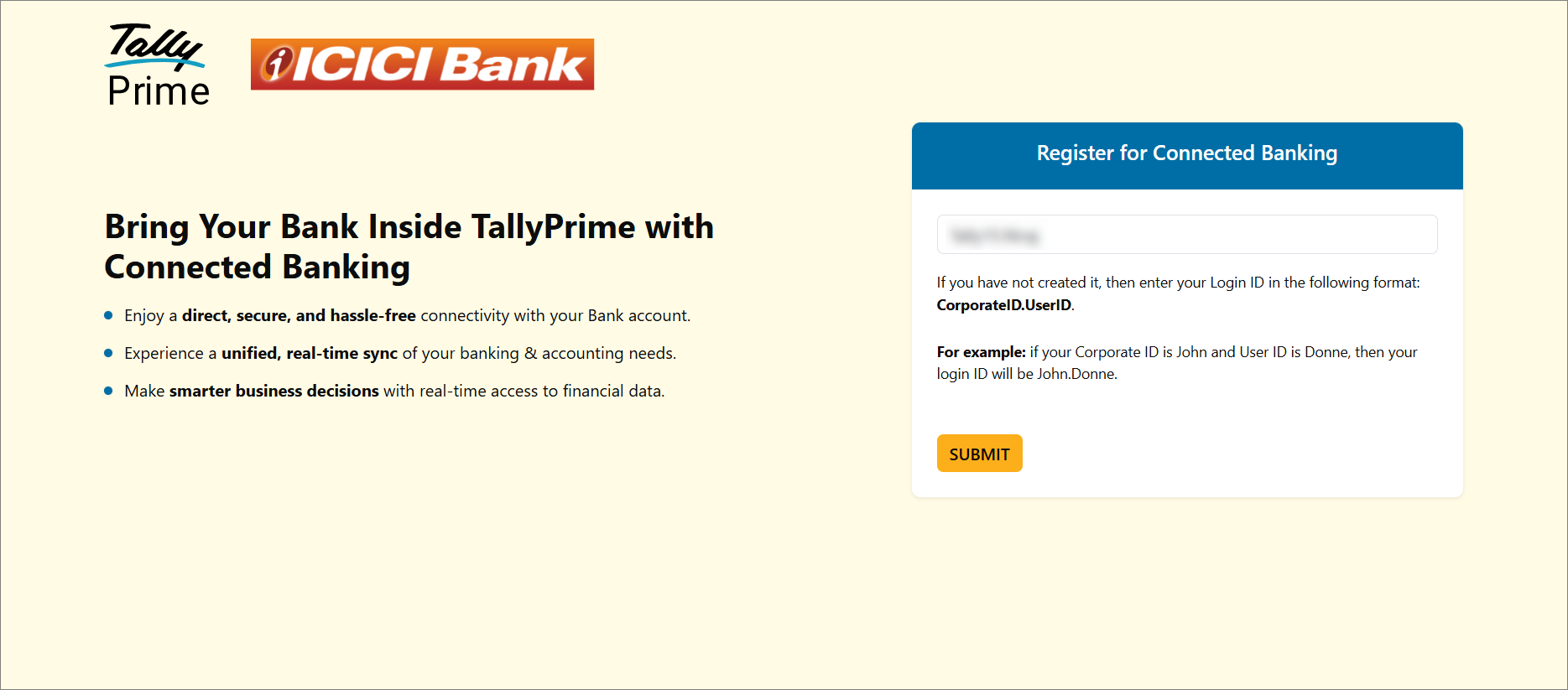 Tally’s ICICI Bank Connection Webpage Login for Connection