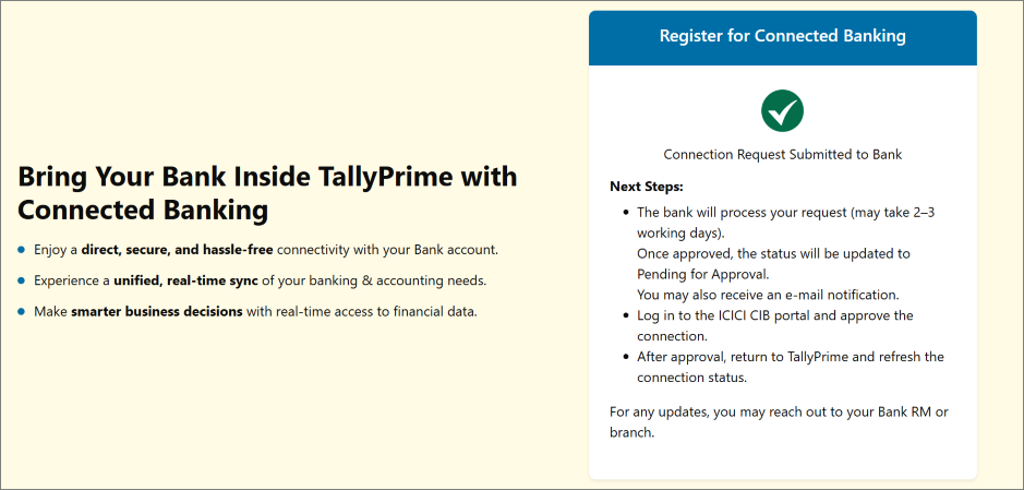 Connection Request for TallyPrime and ICICI Bank Connection Gets Submitted to the Bank