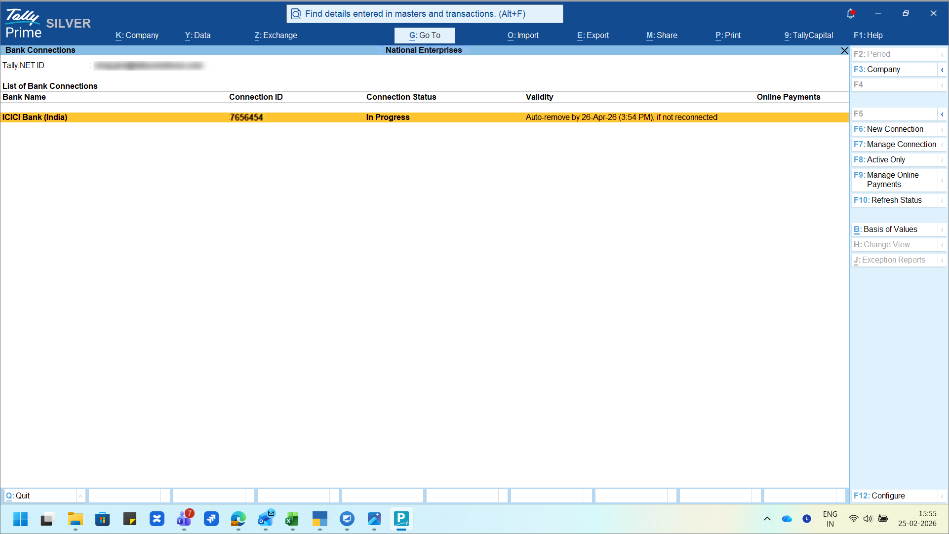 Bank Connection Status In Progress in the Bank Connection Report of TallyPrime