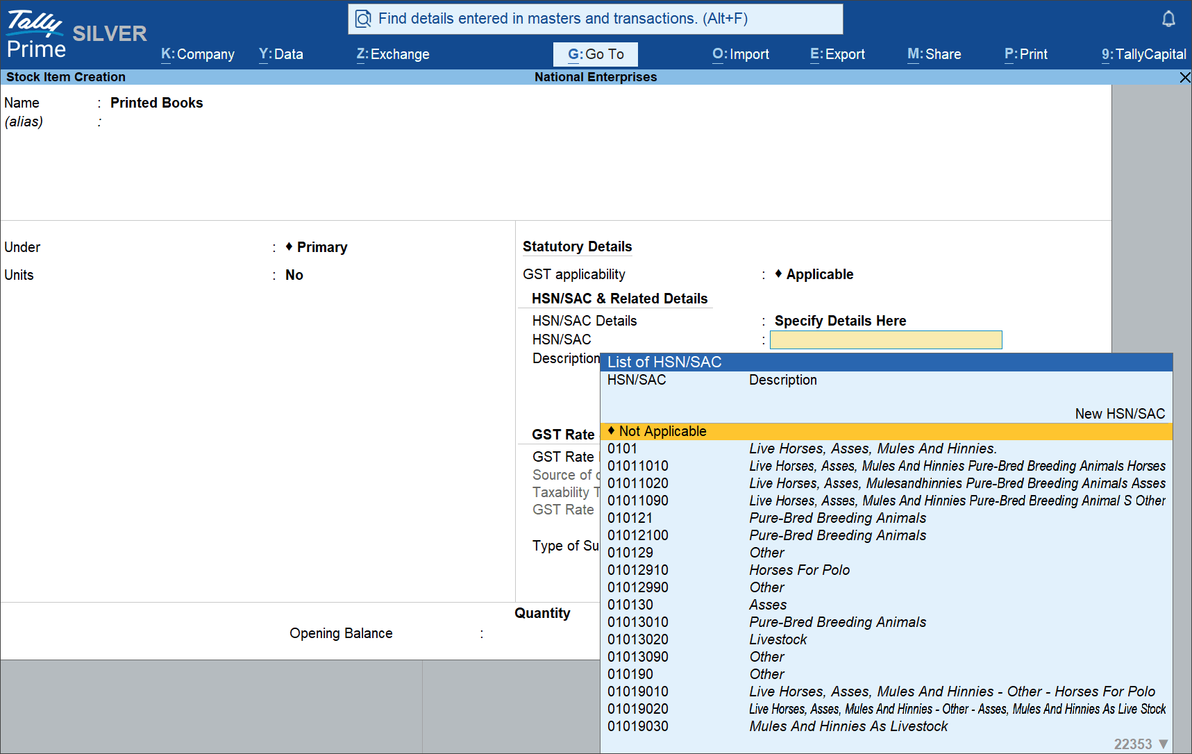 View list of HSN/SAC while creating a stock item