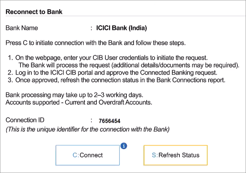 Connection ID for Bank Connection in TallyPrime - ICICI Bank Connection