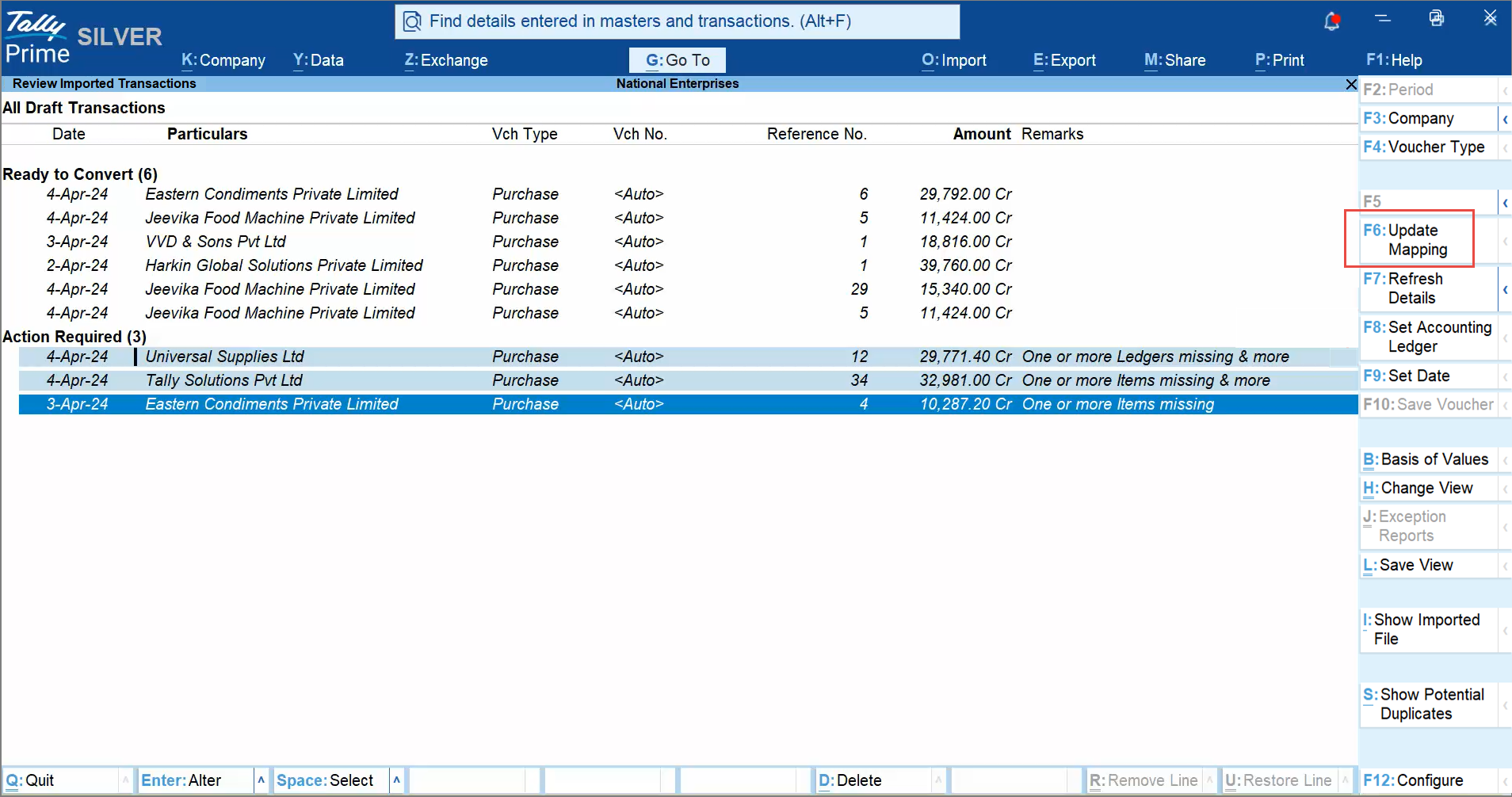 Mapping Masters from the Review Draft Transactions Report in TallyPrime