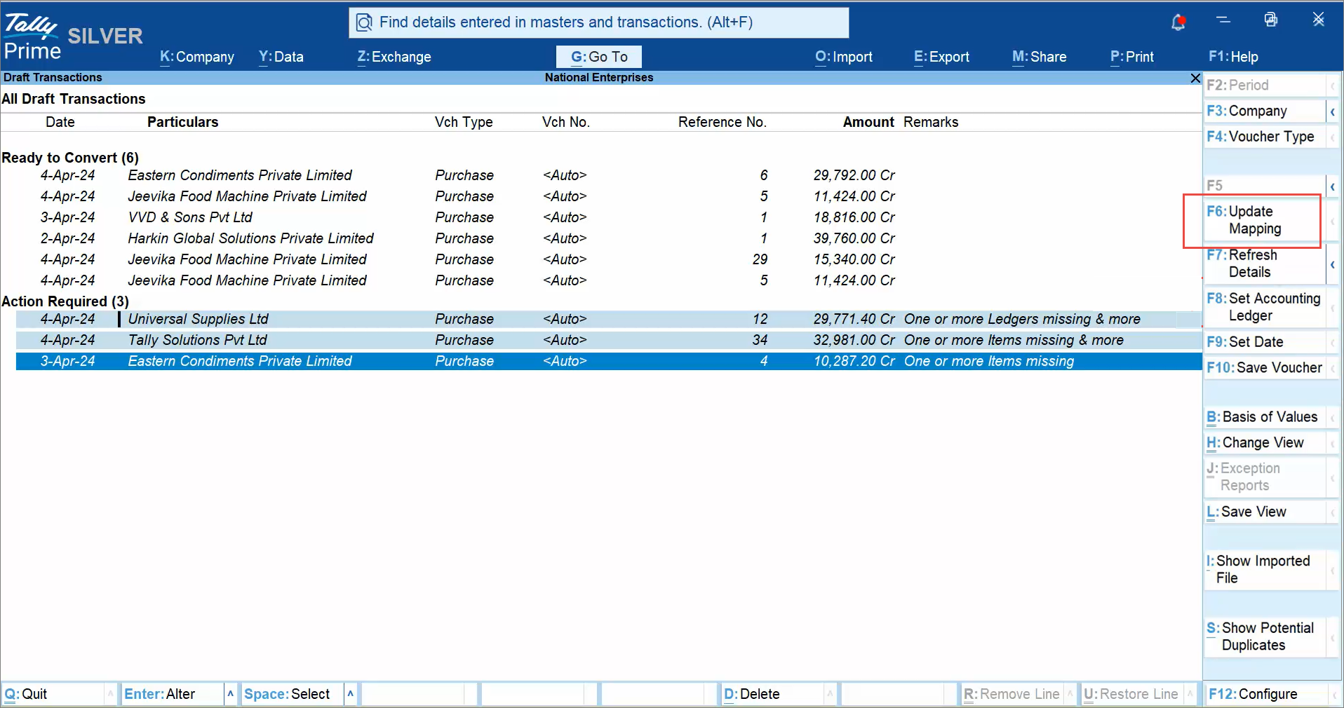 Mapping Masters from Draft Transactions in TallyPrime