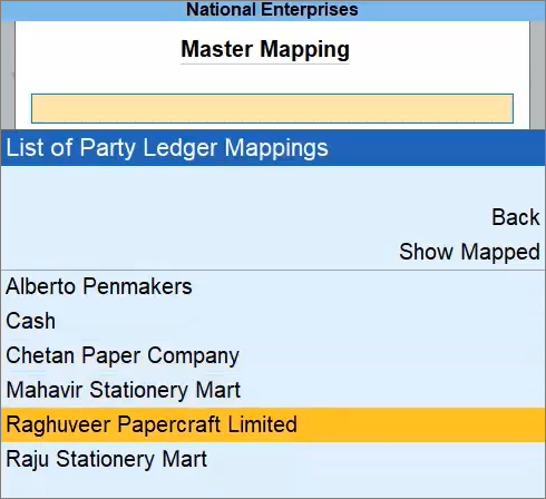 Selecting Ledger to View Master Mapping Report in TallyPrime