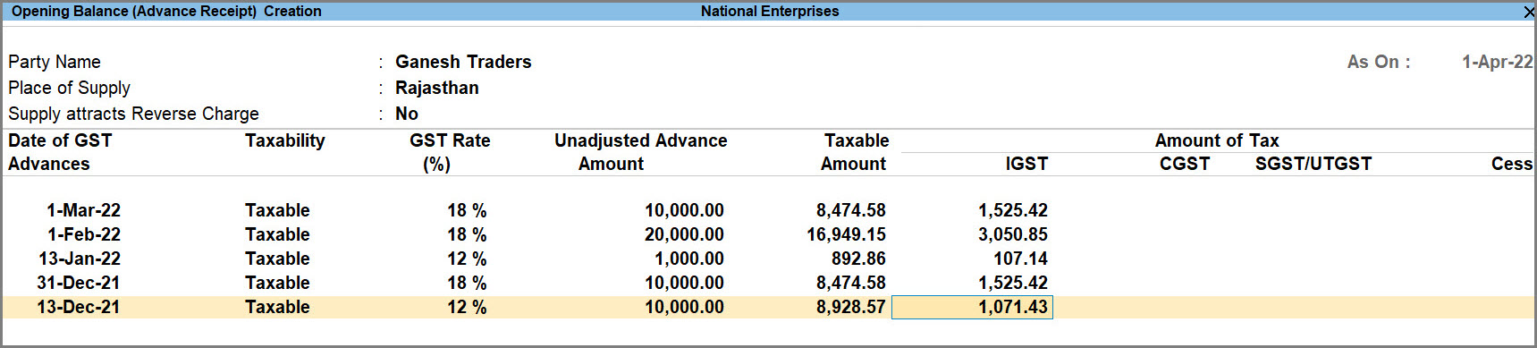 Opening Balance for Unadjusted Advances Received in TallyPrime
